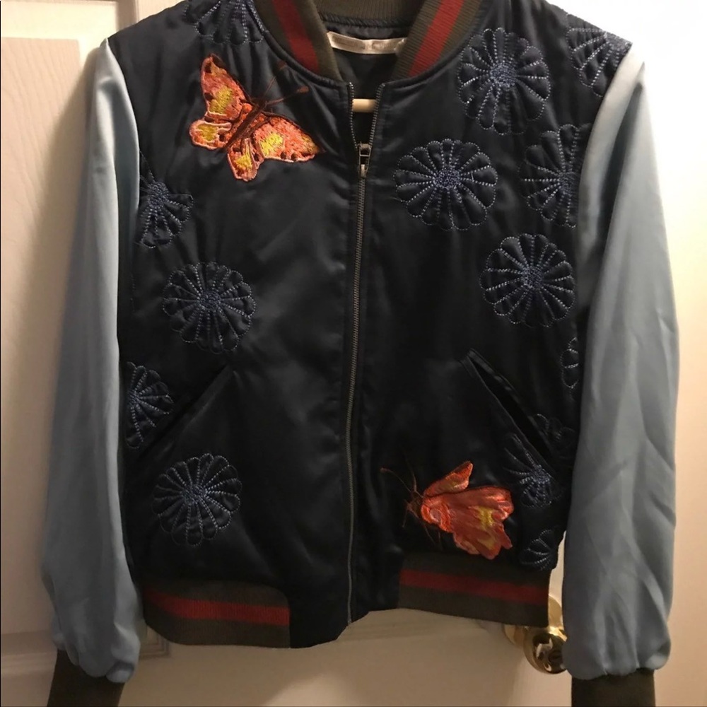 Anthropologie Chelsea & Violet Embroidered bomber Jacket - Navy and Light Blue